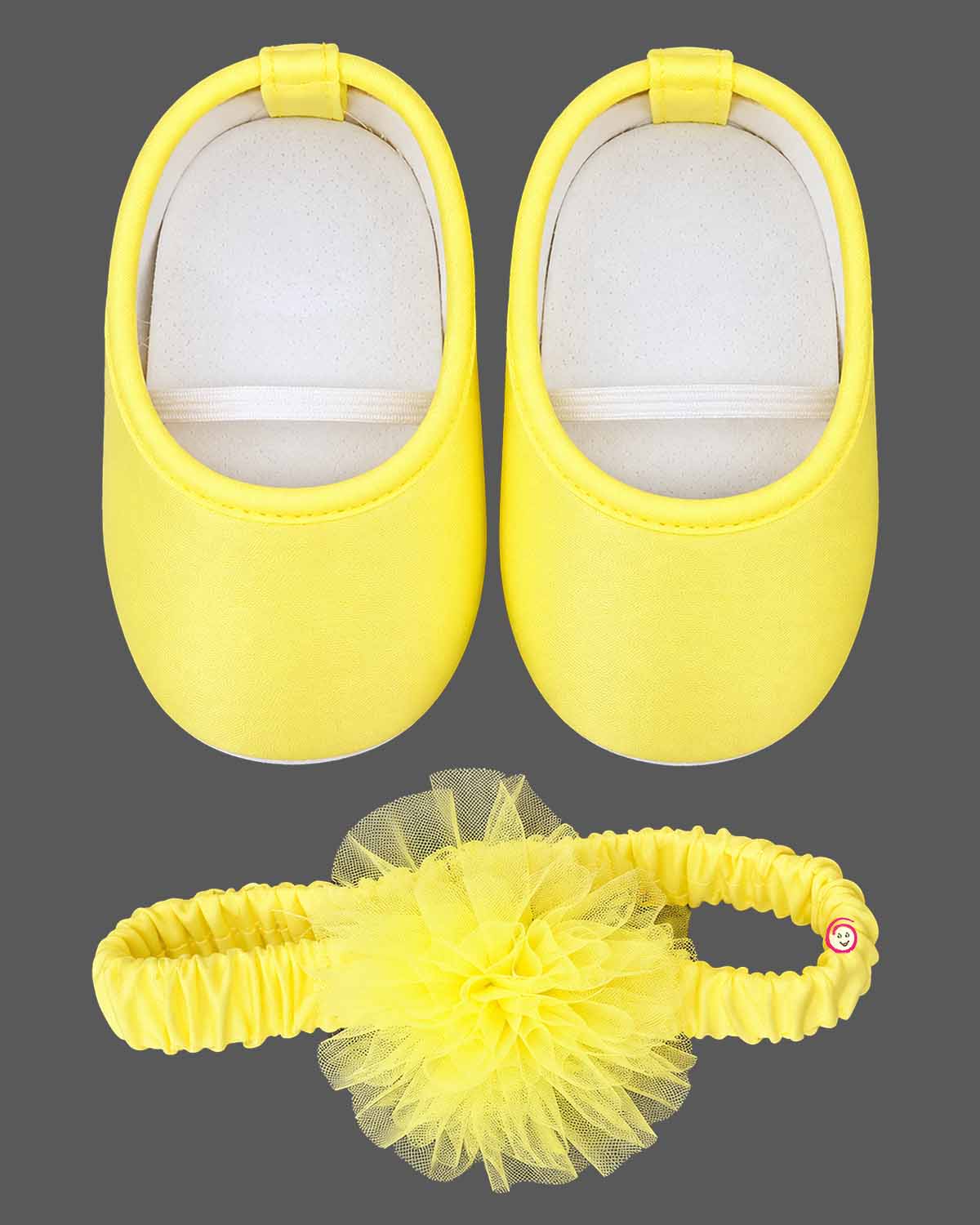 Ruffled tulle baby party wear dress with embellished straps, pom-pom detail, booties, headband
