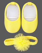 Ruffled tulle baby party wear dress with embellished straps, pom-pom detail, booties, headband