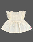 Off white infants frock with frill sleeve, front buttons, and small floral embroidery