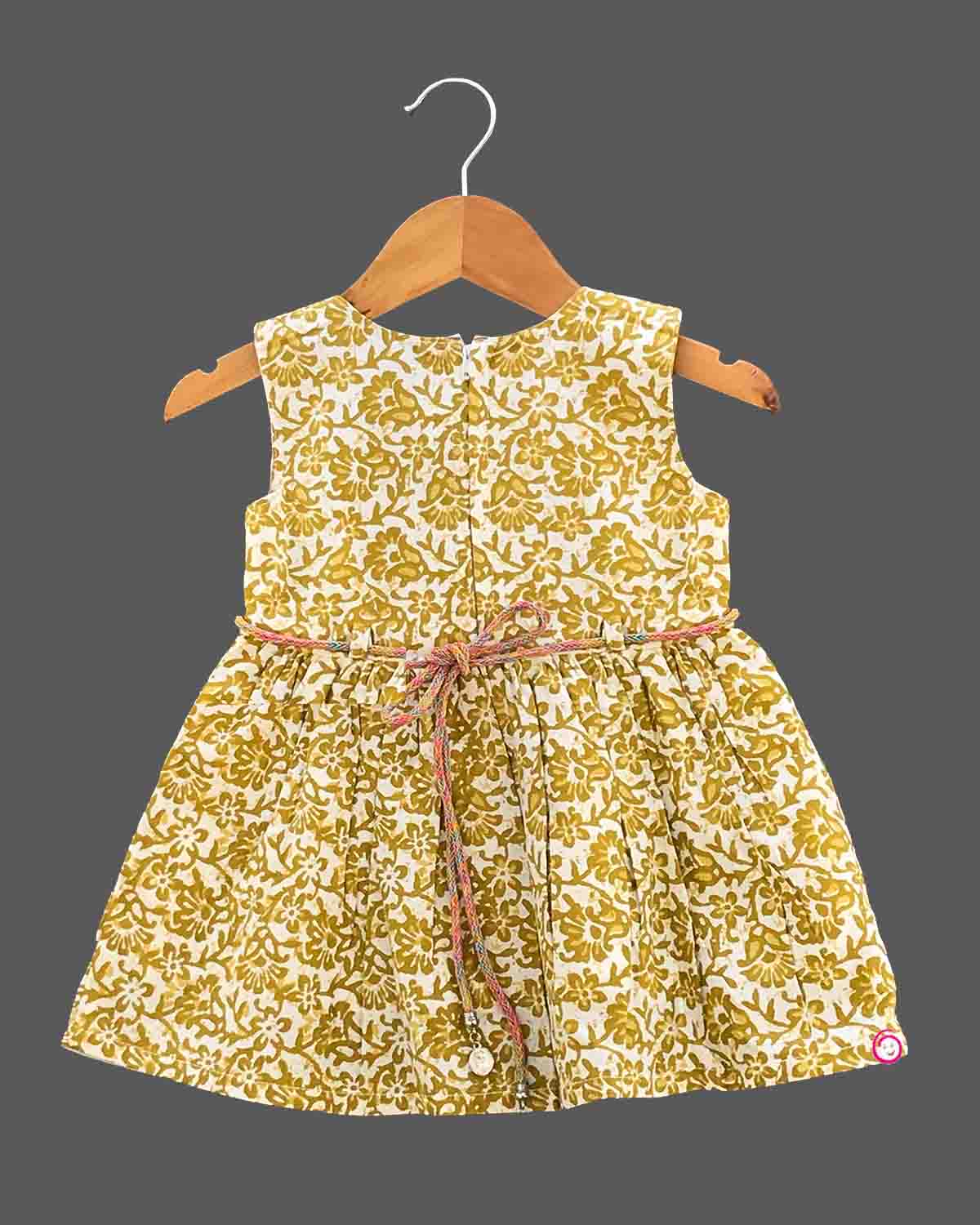 Girls floral printed casual frock - Mustard