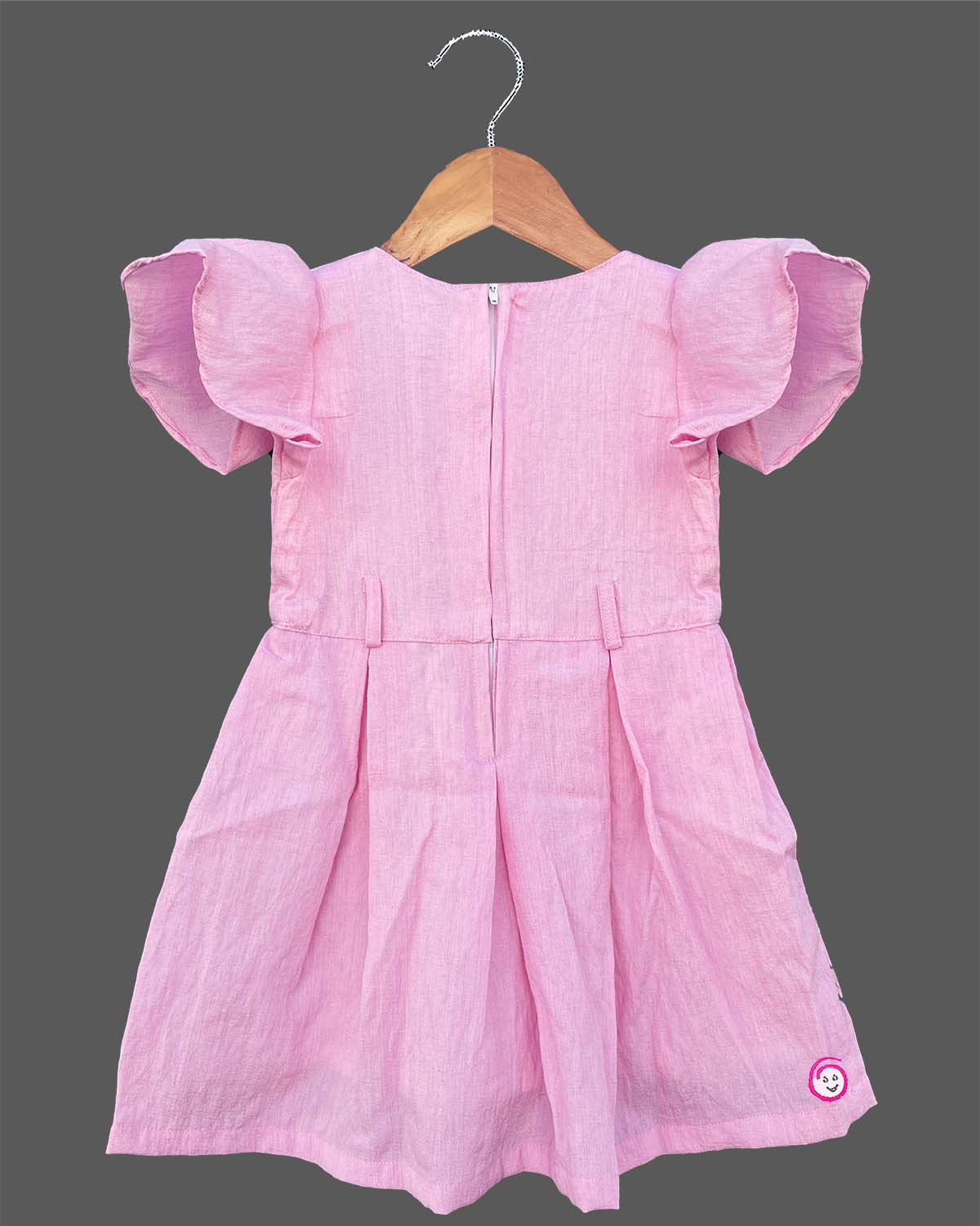 Pink cotton linen embroidered infant casual frock with butterfly sleeve