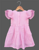 Pink cotton linen embroidered infant casual frock with butterfly sleeve