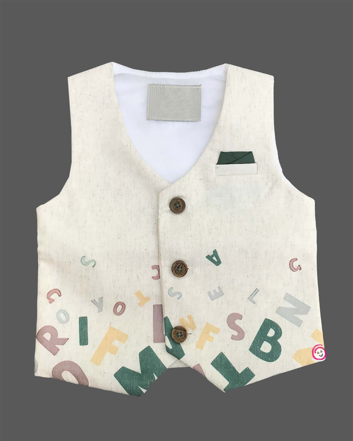 Toddler boys formal alphabet print waistcoat suit set with shirt, bowtie, and trousers flat lay.