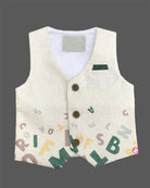 Toddler boys formal alphabet print waistcoat suit set with shirt, bowtie, and trousers flat lay.
