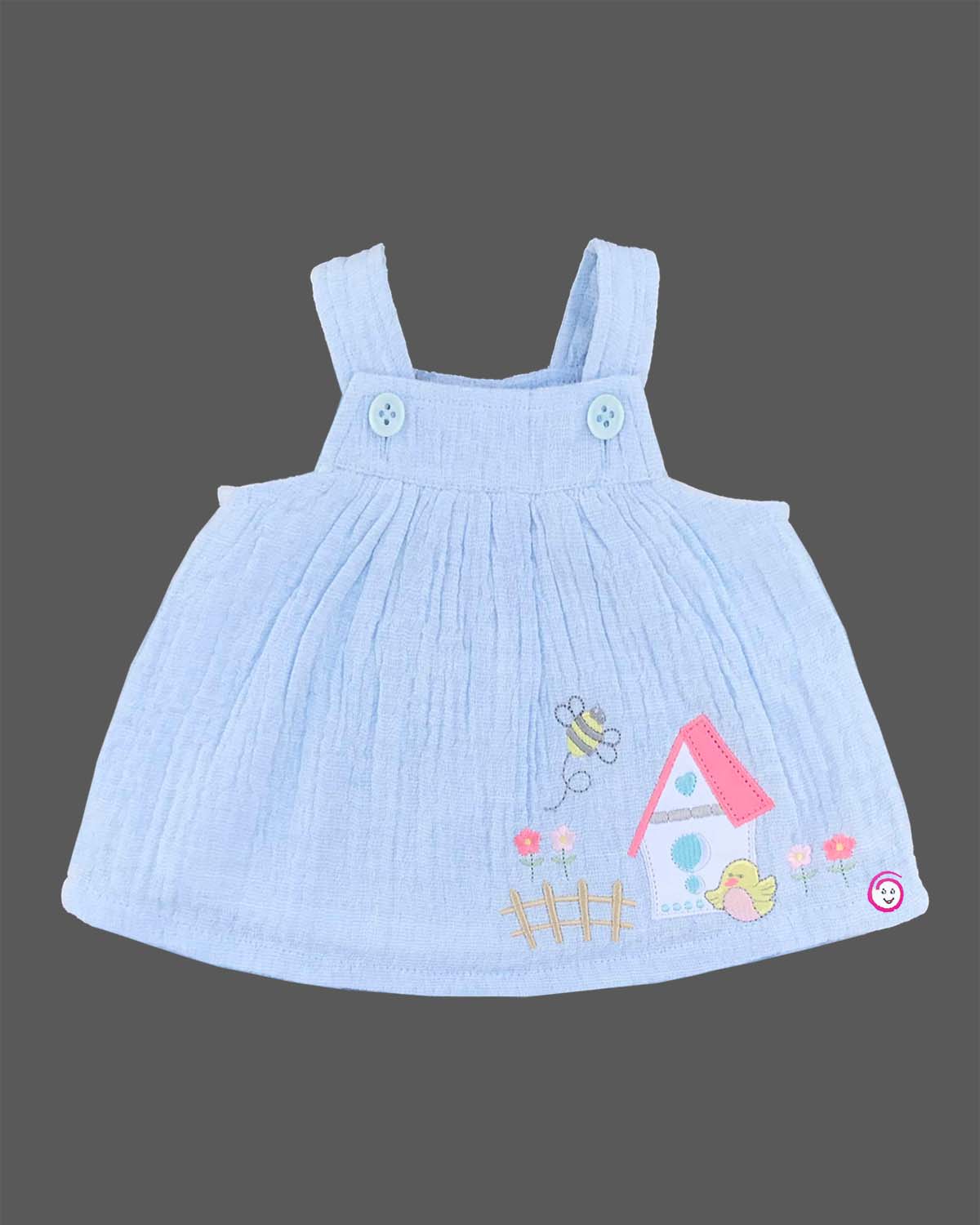 White pastel floral print frill sleeve t-shirt and sky blue house embroidered Candy House girls Muslin and knitted cotton pinafore frock dress set for birthday parties and casual playtime wear
