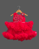 Sleeveless net ruffle baby party wear dress with high-low hemline and floral chest applique.
