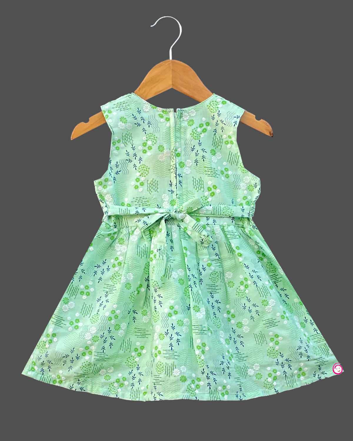 Girls bow design with casual frock - Pista Green