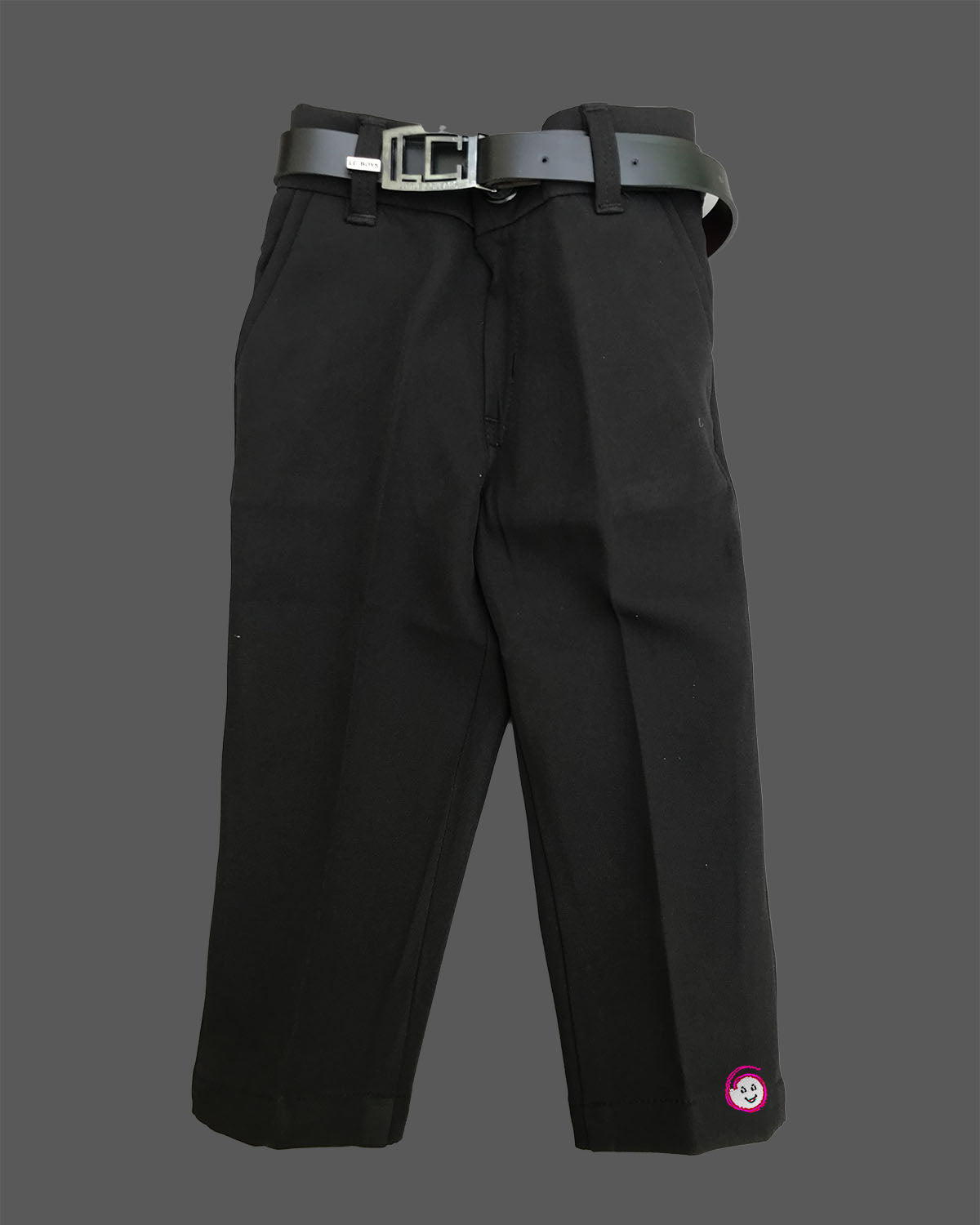 Dapper two-piece set for little gentleman featuring a textured notch-collar shirt with embroidered chest patches, paired with tailored pant and a buckle belt.