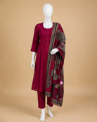 Maternity solid pintuck cotton kurta suit set with printed dupatta and straight pants