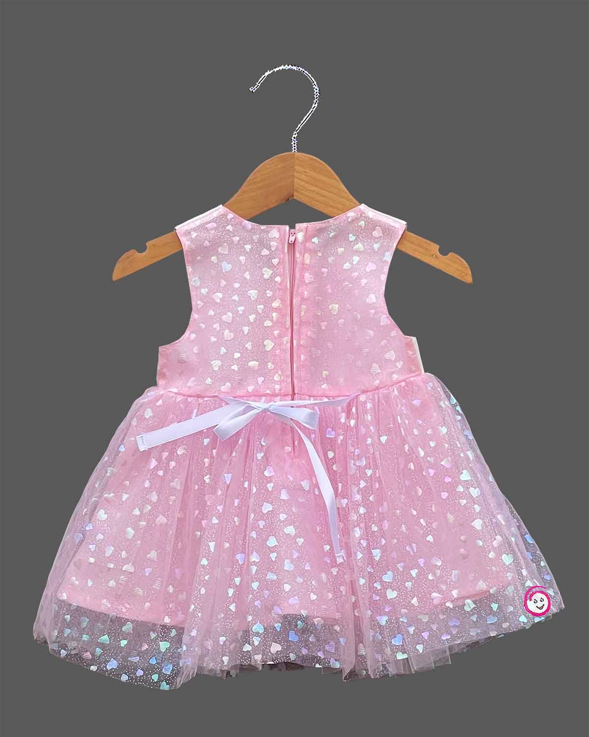 Baby girl white and pink net frock with cute cat graphic print and heart net skirt