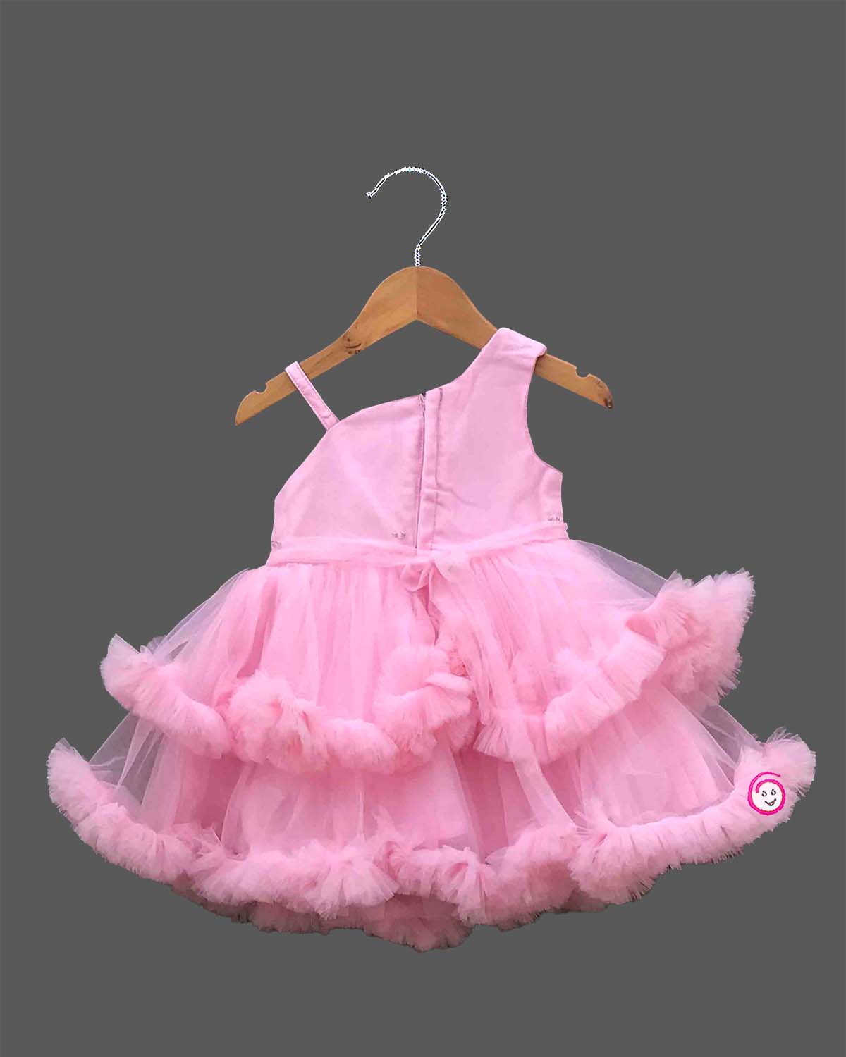 Toddler net ruffle party frock with high low ruffled skirt and Asymmetric floral bodice