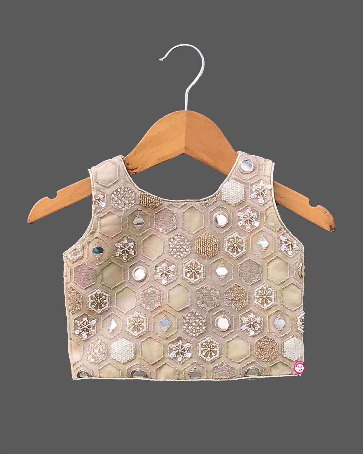 Beige handloom mirror work choli and ruffled skirt set for toddler girls ethnic wear