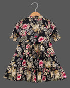 Girls floral printed elbow sleeve casual frock - Black