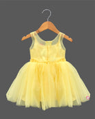 Sleeveless fairy-tale festive gown for toddlers with multi-colored rosette chest accents and a layered mesh flared skirt.