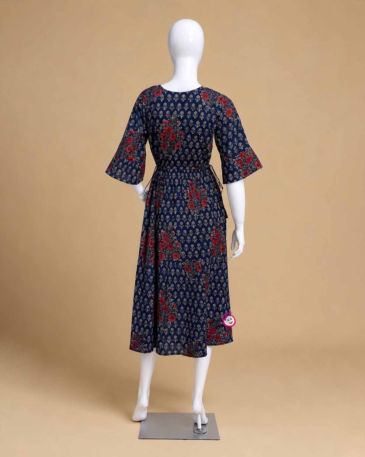 Maternity printed georgette flared dress featuring v-neckline and three-quarter bell sleeves