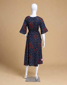 Maternity printed georgette flared dress featuring v-neckline and three-quarter bell sleeves