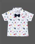 Toddler printed cotton suspender set with bow shirt for party wear