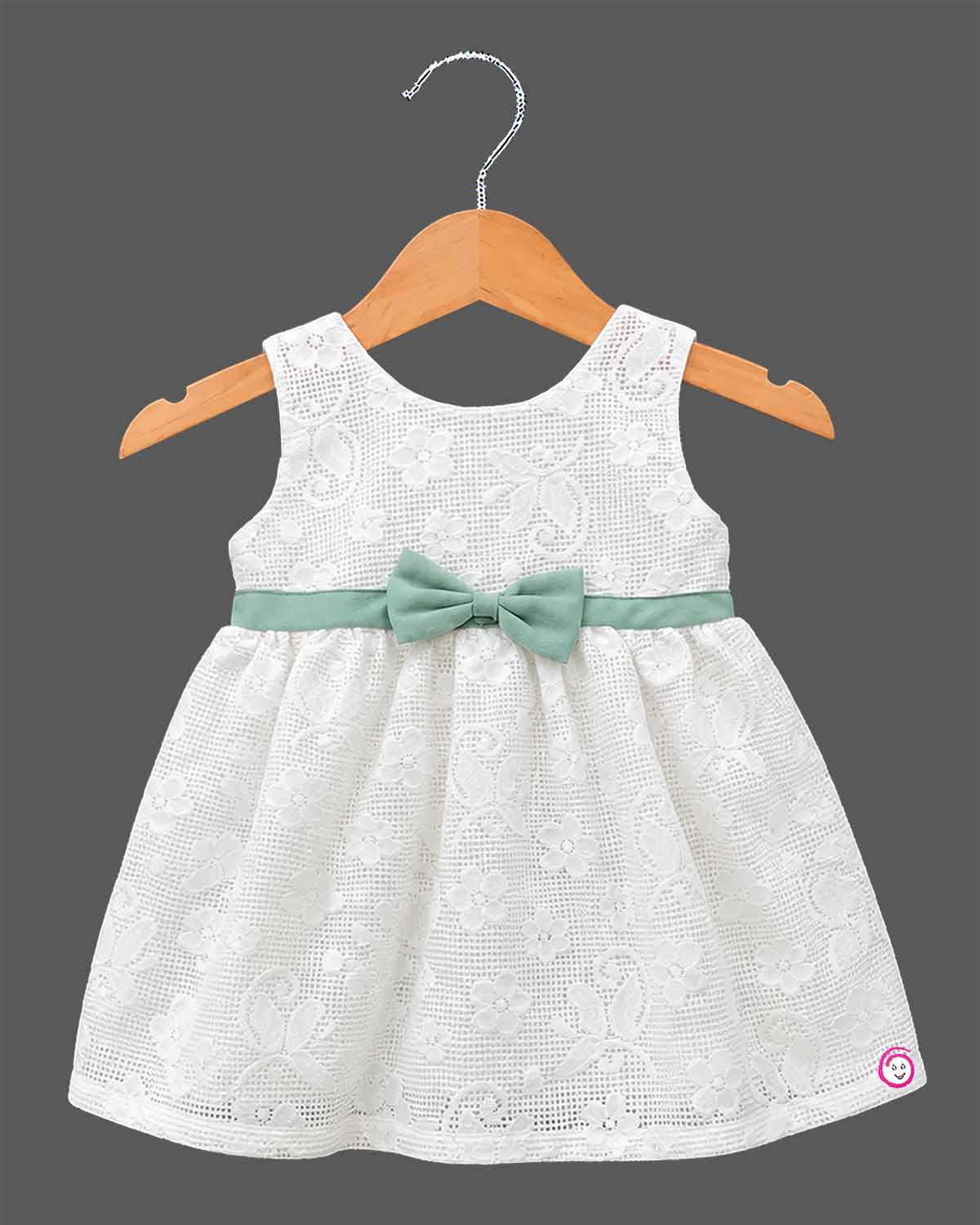 Baby girl casual gown frock with attached jacket layer lace design bow detail and floral brooch