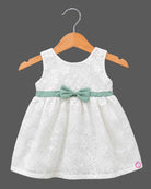 Baby girl casual gown frock with attached jacket layer lace design bow detail and floral brooch