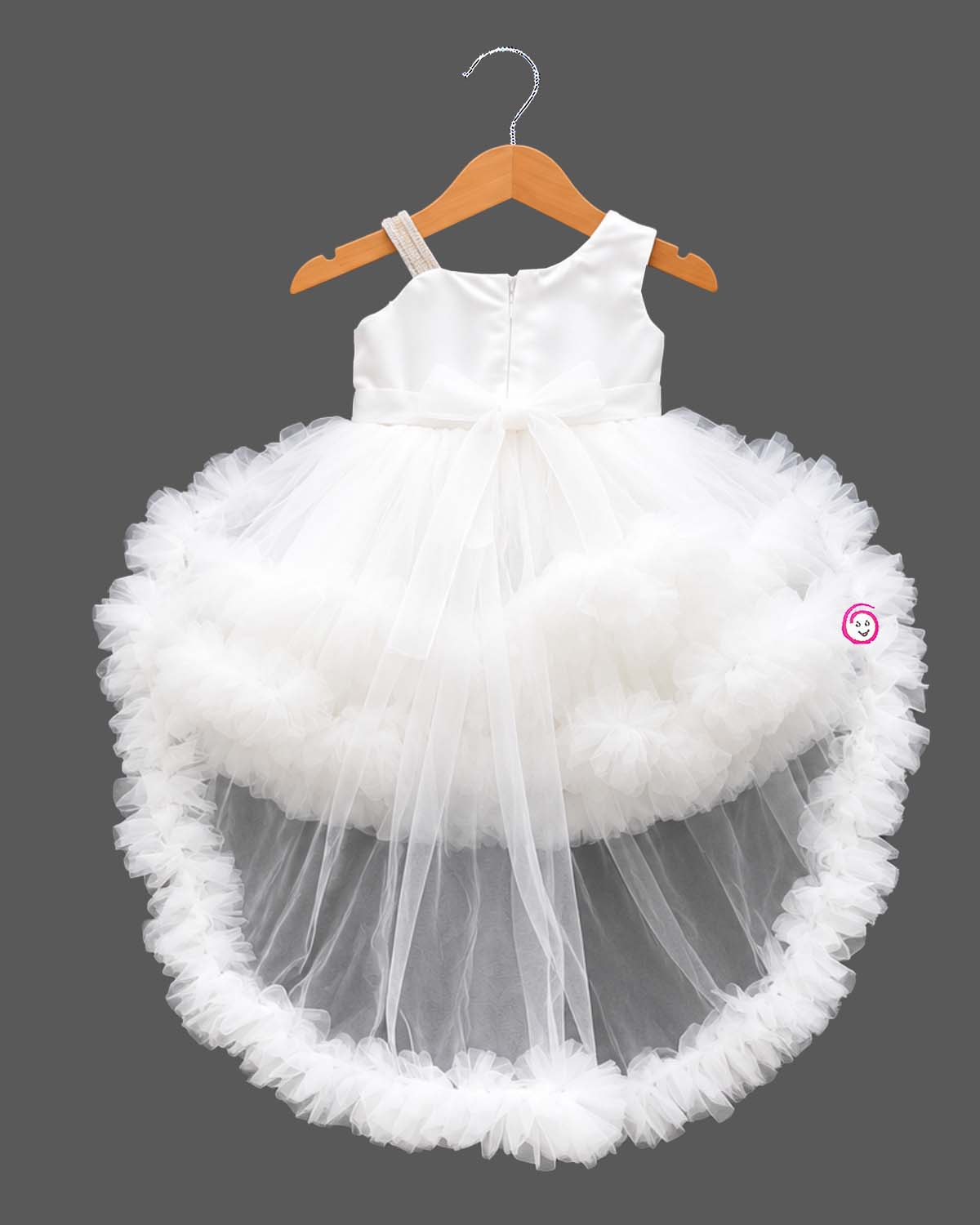 Baby party wear dress featuring floral bodice with tiered ruffle tulle skirt and train