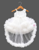Baby party wear dress featuring floral bodice with tiered ruffle tulle skirt and train
