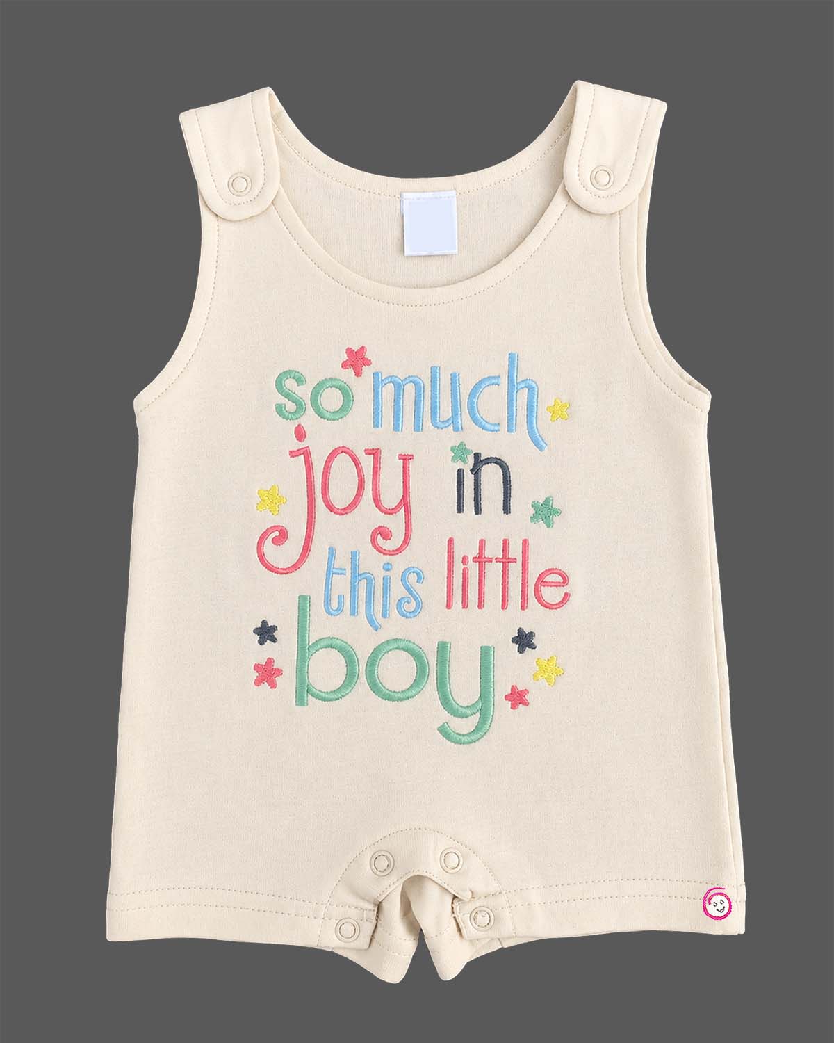 Baby clothes set featuring a white star print t-shirt and beige printed romper