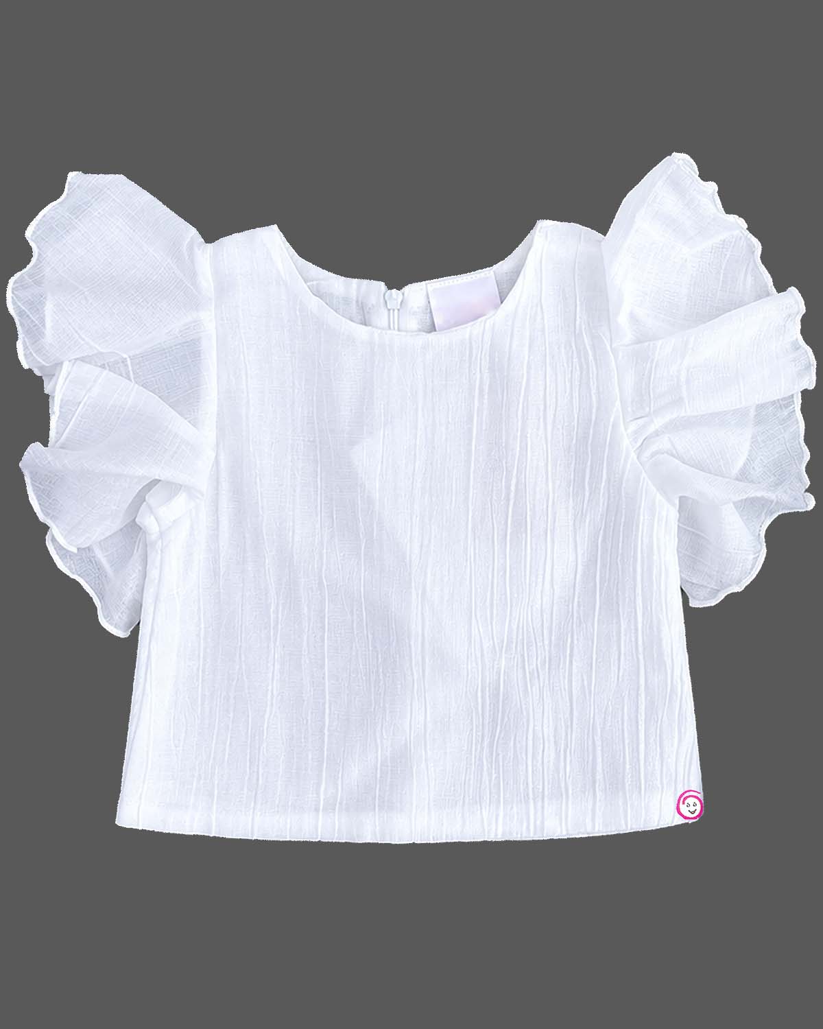 Toddler girl flutter sleeve top pinafore set with butterfly applique and gathered denim skirt.