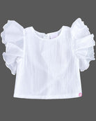 Toddler girl flutter sleeve top pinafore set with butterfly applique and gathered denim skirt.