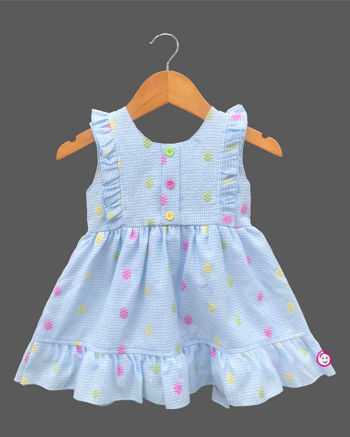 Little princess embroidered cotton casual frock with ruffle sleeves, tiered hem, and decorative front buttons for everyday kids fashion