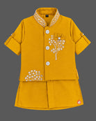 indo western dress for boys featuring embroidered mandarin collar and floral motifs for festive wear