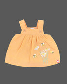 Mustard yellow baby girl cotton knit pinafore dress with daisy embroidery and white bee print frill sleeve top