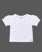 Infants frock set featuring a puff sleeve t-shirt and embroidered pinafore dress for girls.
