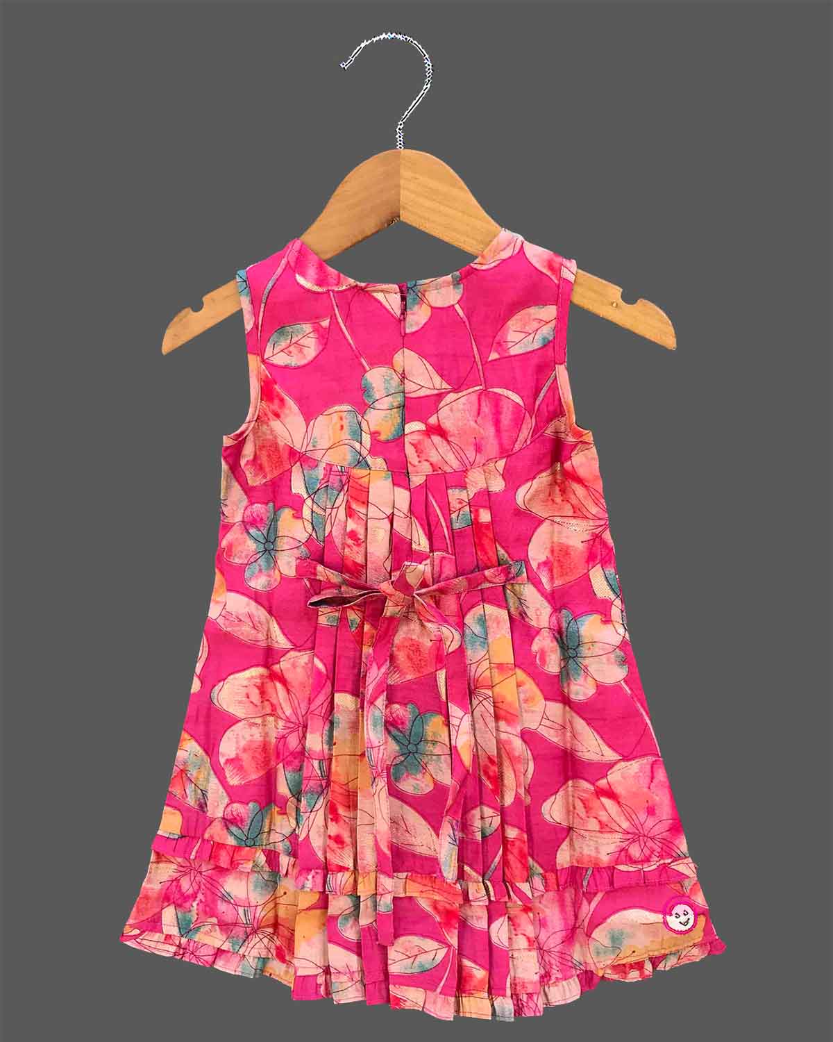 Infant floral printed frock with lace yoke insert and tassel tie up for birthday party and summer outing