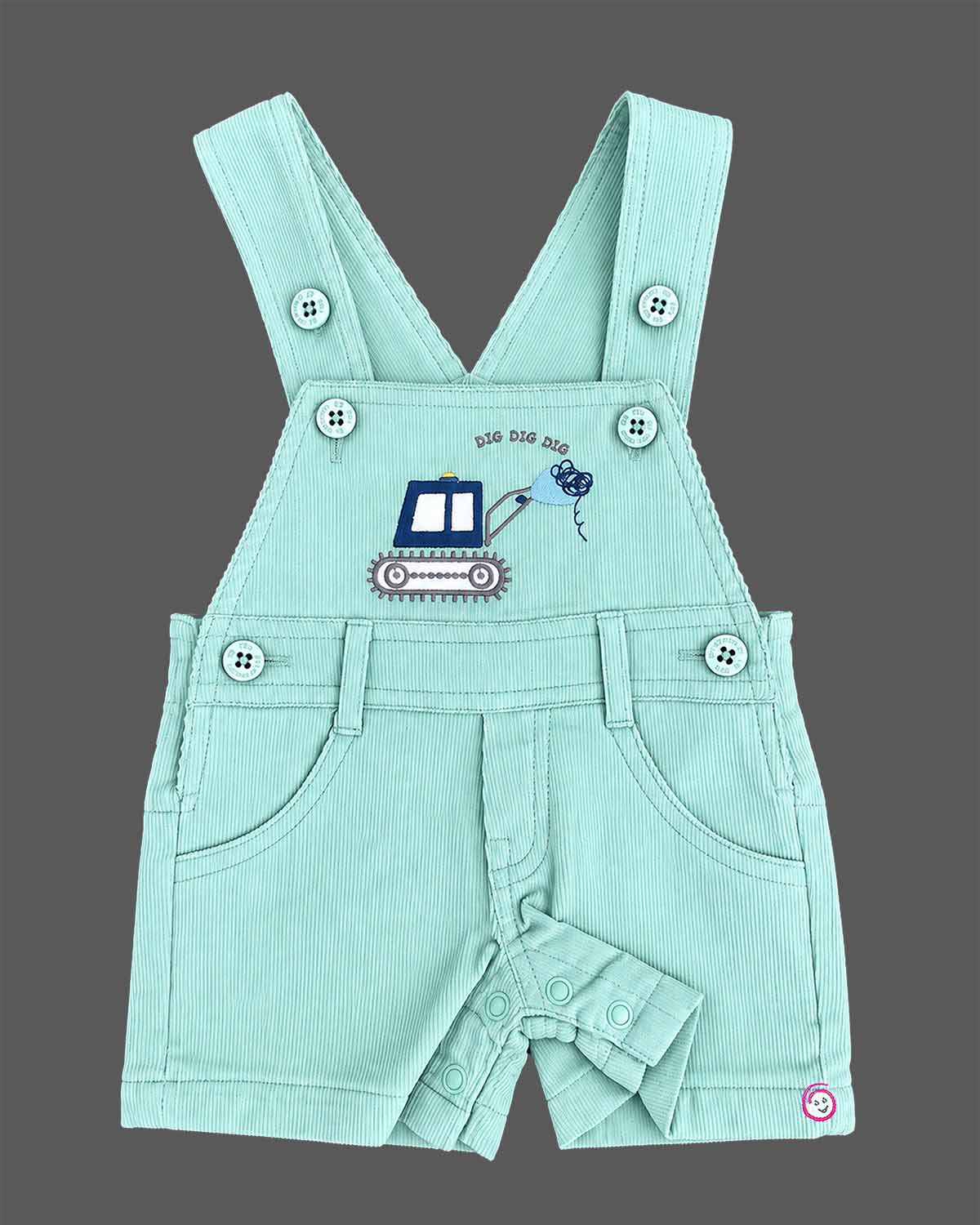 Baby boys printed t-shirt and light green short dungaree set with excavator graphic