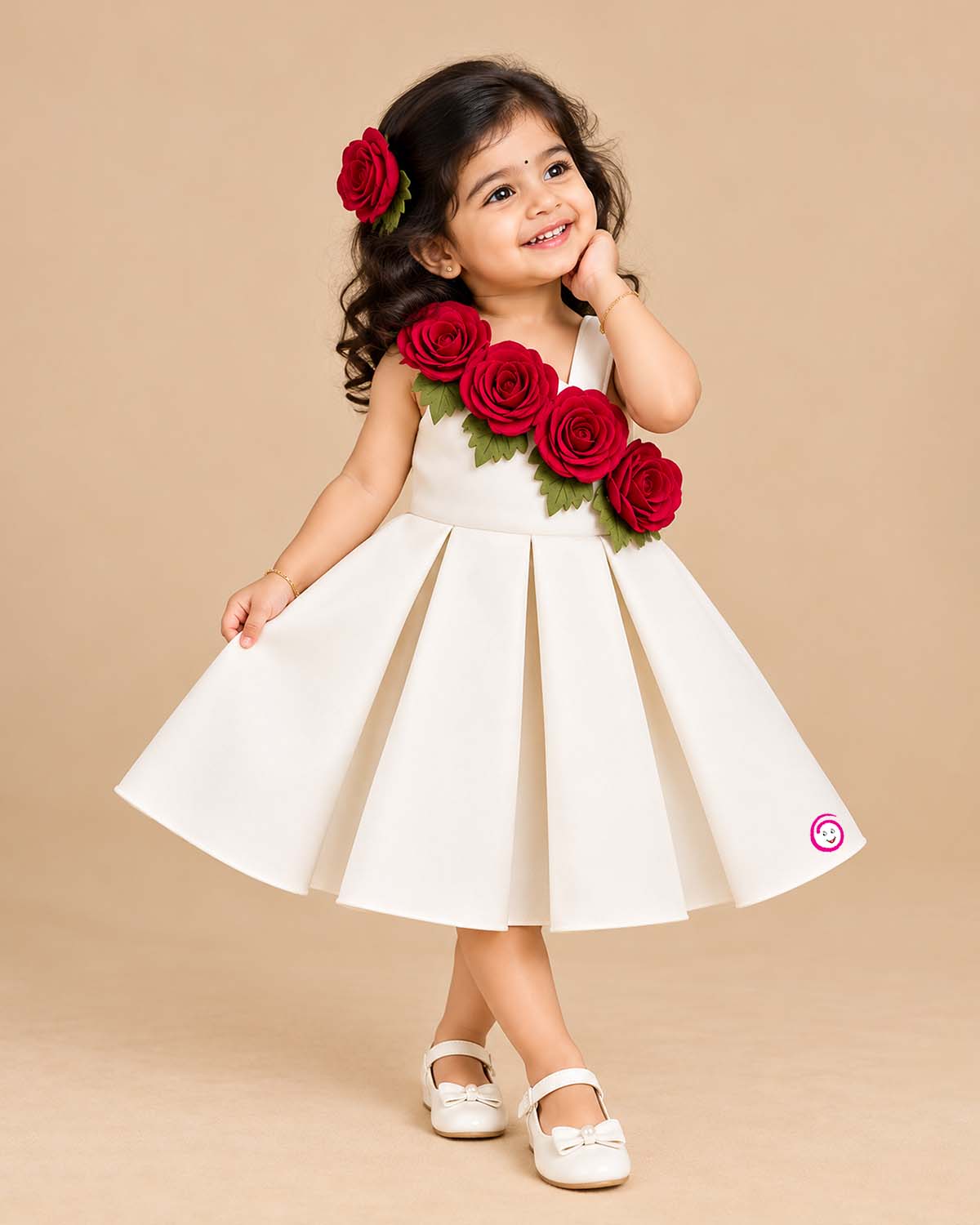 Girls one-shoulder box pleated party frock with 3D floral applique trim along neckline.