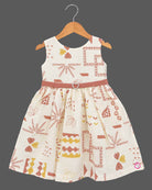 Little Girl Casual Frock featuring a cream dress with patterns and a peachish-pink textured shrug/jacket with a flower brooch and tie-up front.