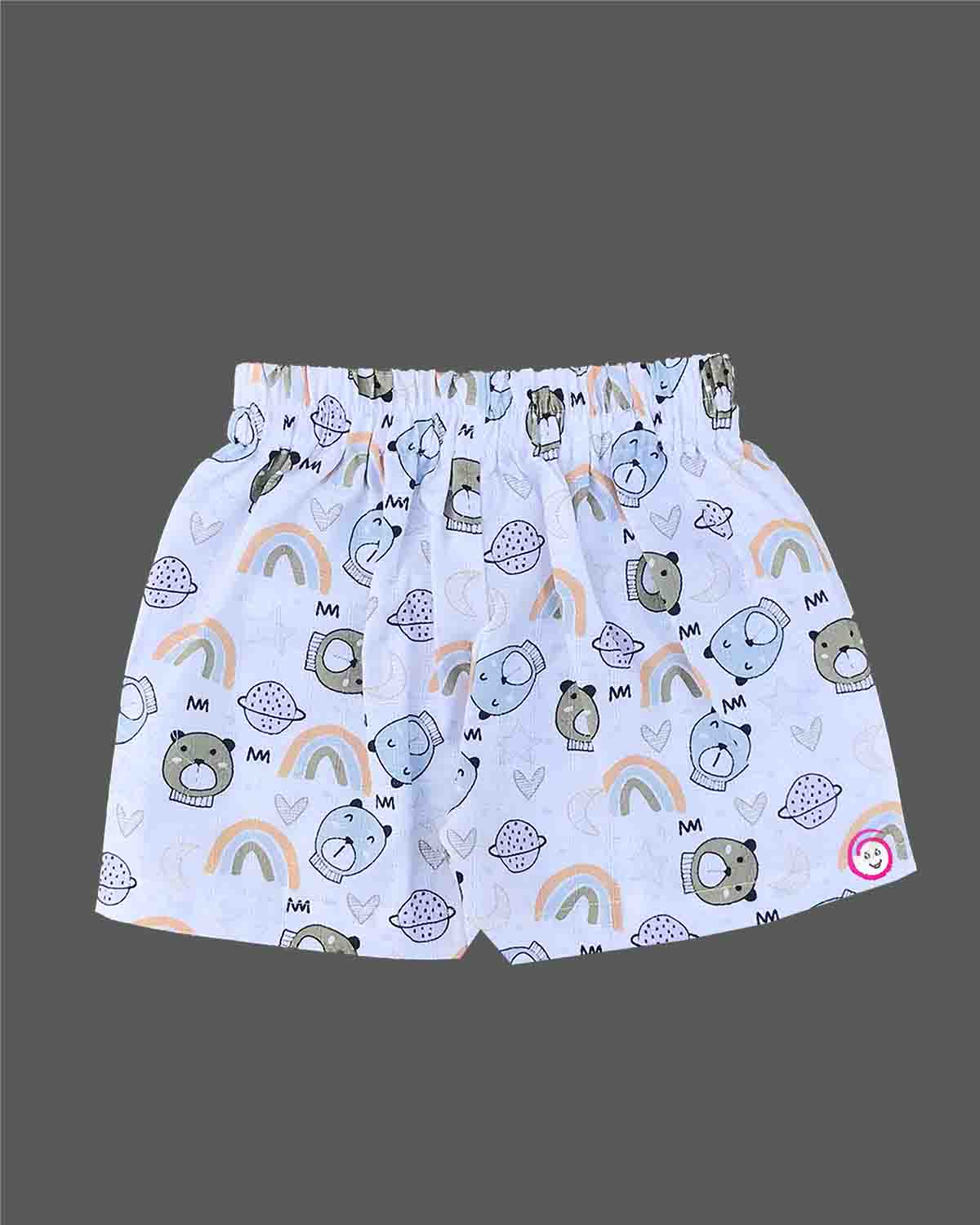Boys 2-piece cotton casual co-ord set featuring a short-sleeve collared shirt and matching shorts in white with cute teddy bear faces, rainbows, and planet prints