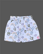Boys 2-piece cotton casual co-ord set featuring a short-sleeve collared shirt and matching shorts in white with cute teddy bear faces, rainbows, and planet prints