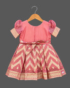Girls pattu frock with organza puff sleeves, zari chevron box pleats and hand embroidered neckline on a hanger