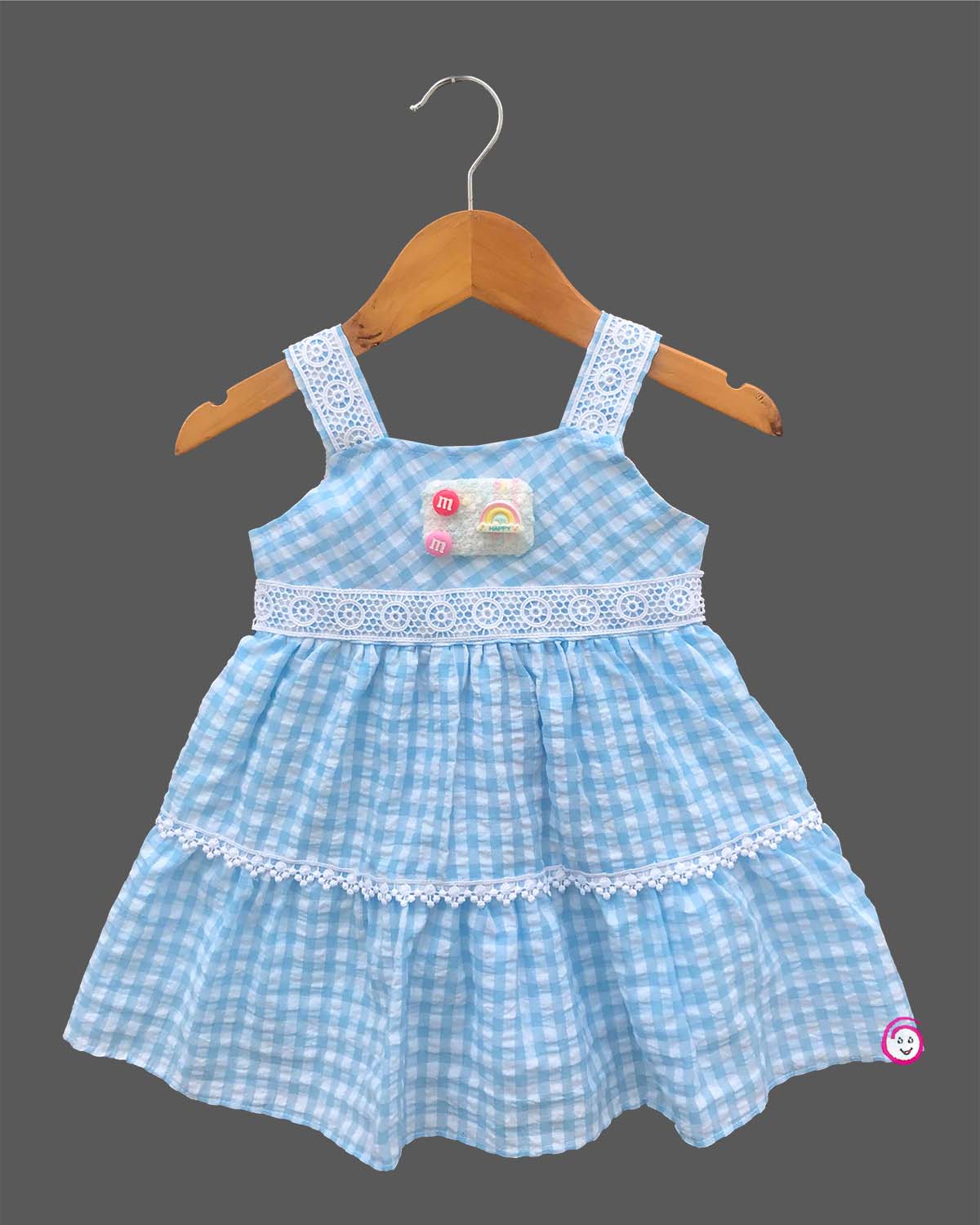 Little princess checked cotton casual frock with lace shoulder straps and tiered design for comfortable everyday wear