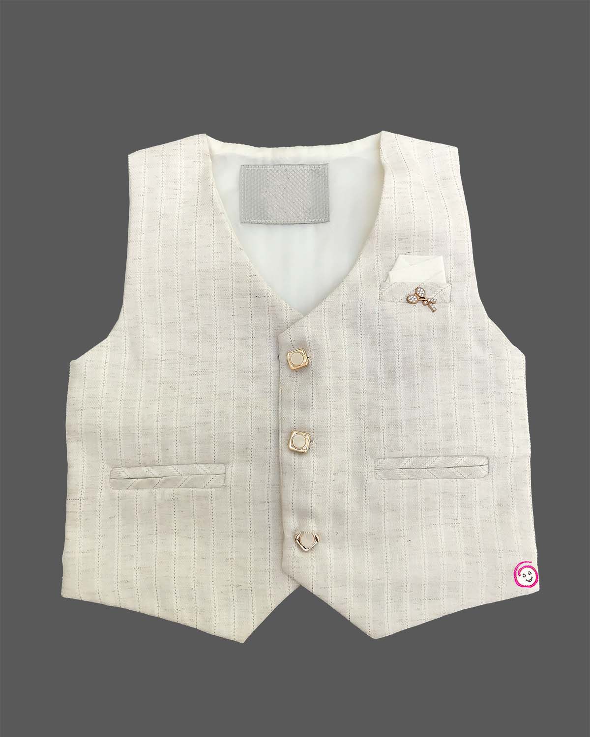 Boys textured linen waistcoat set featuring a collared shirt, matching bowtie, and tailored trousers.
