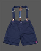 Printed short sleeve shirt with bow tie and navy suspender dress for infant