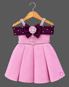 Kids party wear scuba frock with off-shoulder bow detail and pearl embellishments