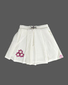 Collared button-front top and box-pleated skirt set with floral applique baby party wear dress.