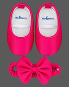 Structured one-shoulder kids party wear frock set with large 3D flower applique, soft booties, and bow headband
