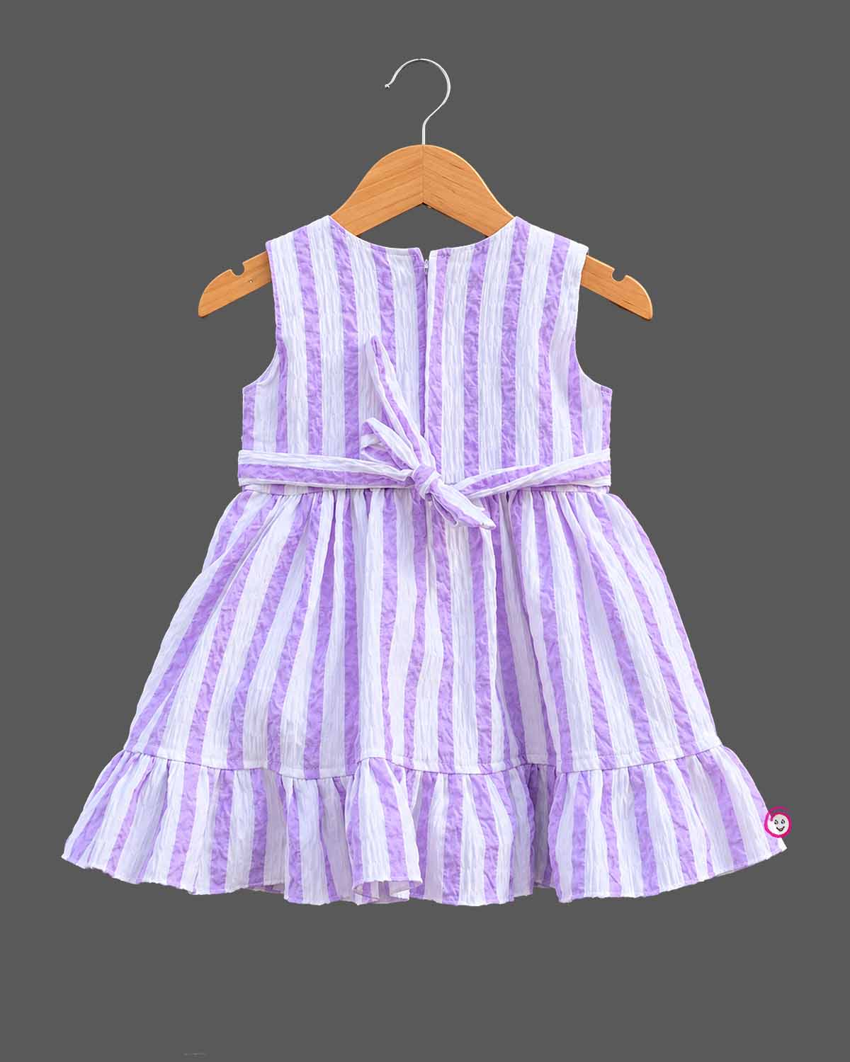 Infant striped seersucker frock with waist bow for birthday party and festive wear