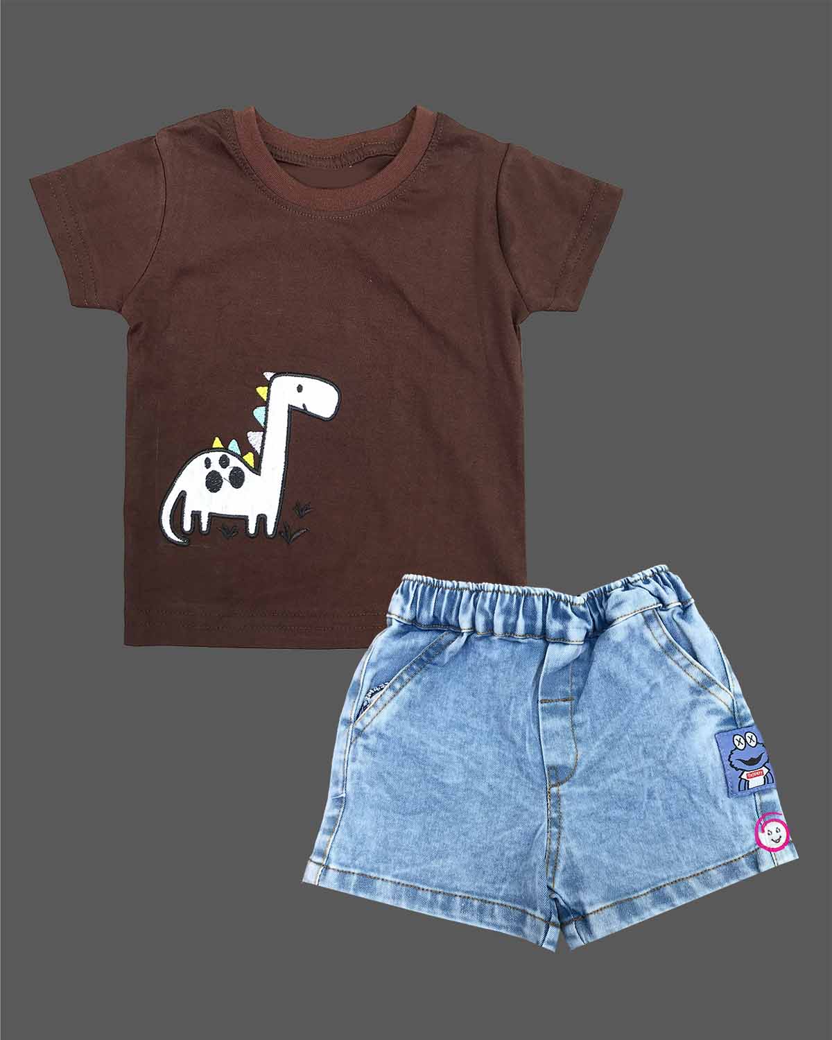 Brown dinosaur graphic knitted top and denim shorts set for kids birthday parties, family outings, and festivals