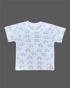 Playful young prince short sleeve vehicle pattern tee and bib shorts set for active kids