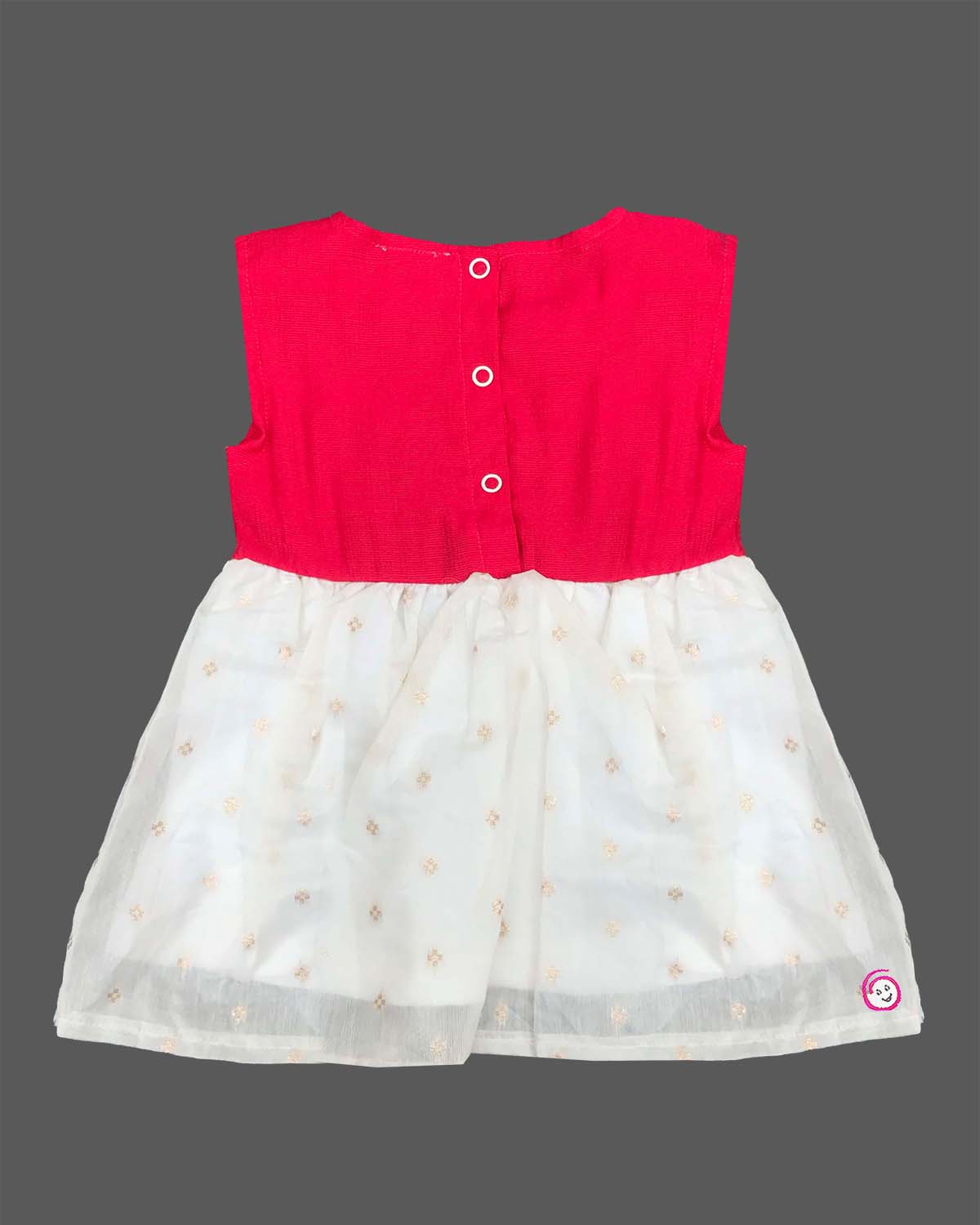 Sleeveless traditional festive attire for toddlers featuring an embroidered central emblem and a voluminous flared skirt.