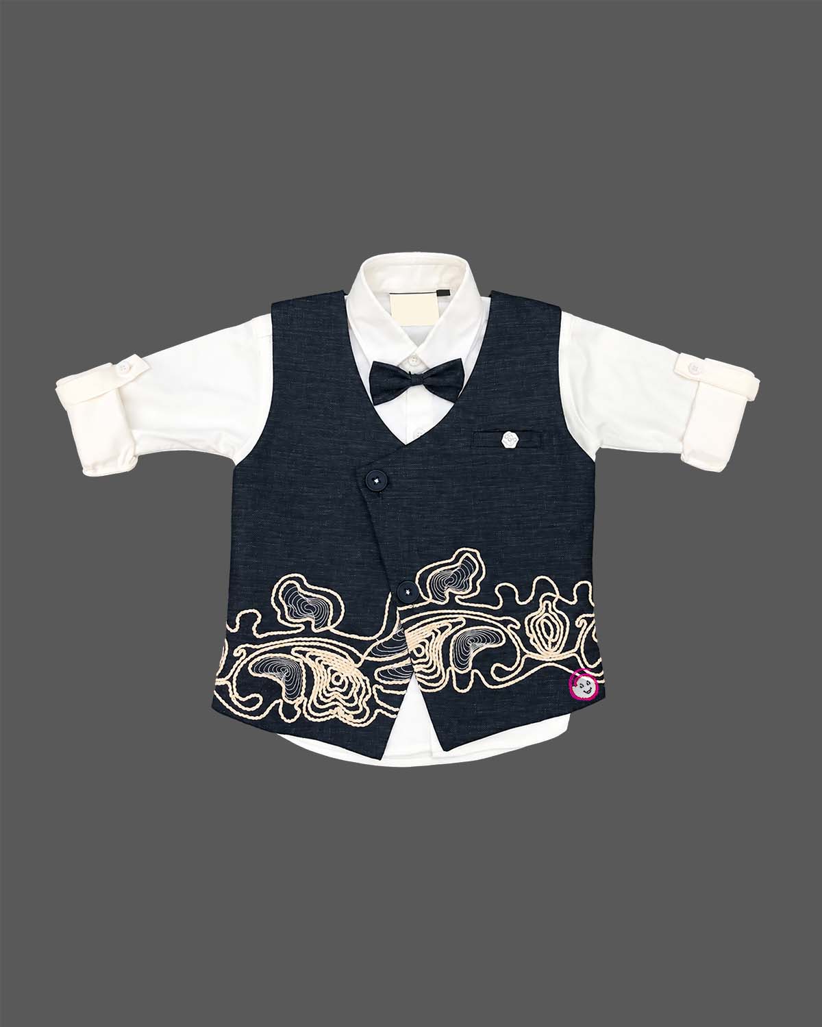Toddler boy asymmetric embroidered waistcoat set with full-sleeve shirt, bow tie, and trousers.